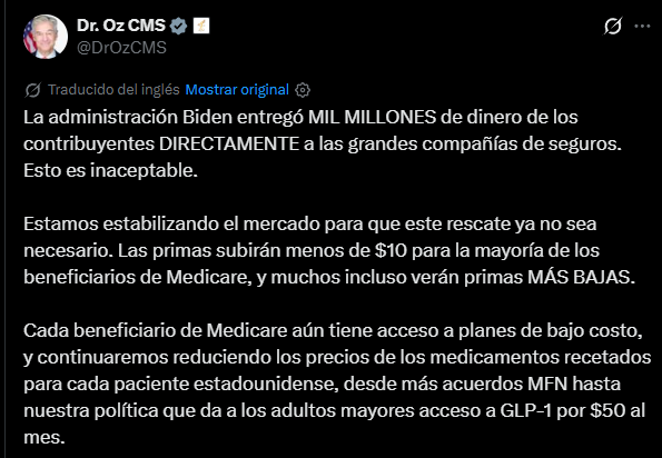 Mehmet Oz aseguró que las primas subirán menos de US$10 para la mayoría de los beneficiarios