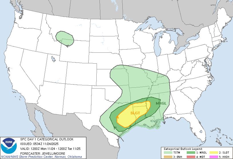 La inestabilidad intensa se concentrará el lunes en la región del Ark-la-tex: al este de Texas, norte de Louisiana, sur de Arkansas y oeste de Mississippi