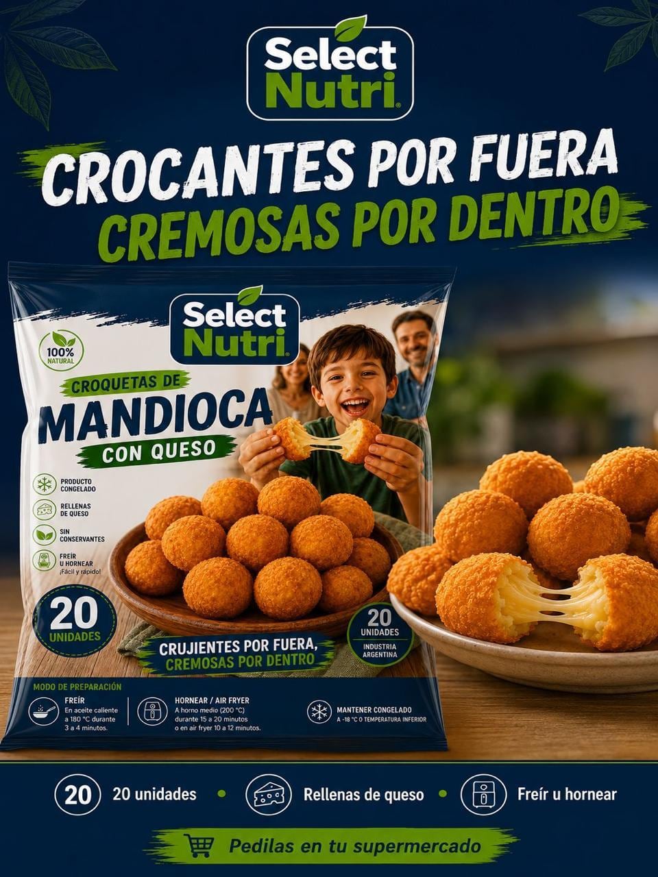 Uno de los formatos, croquetas de mandioca con queso