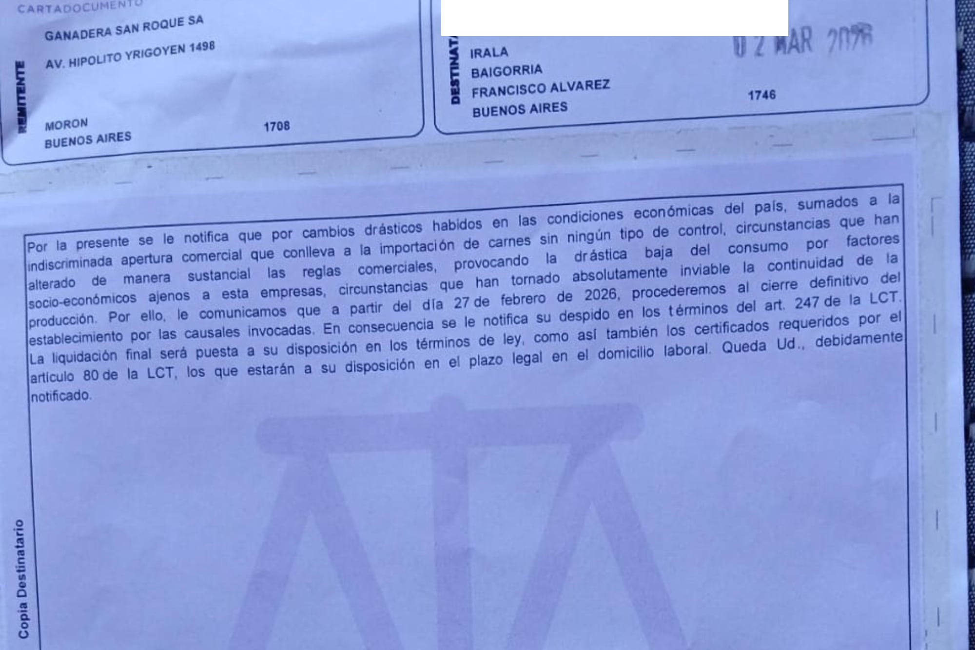 La carta documento enviada a un trabajador de la empresa