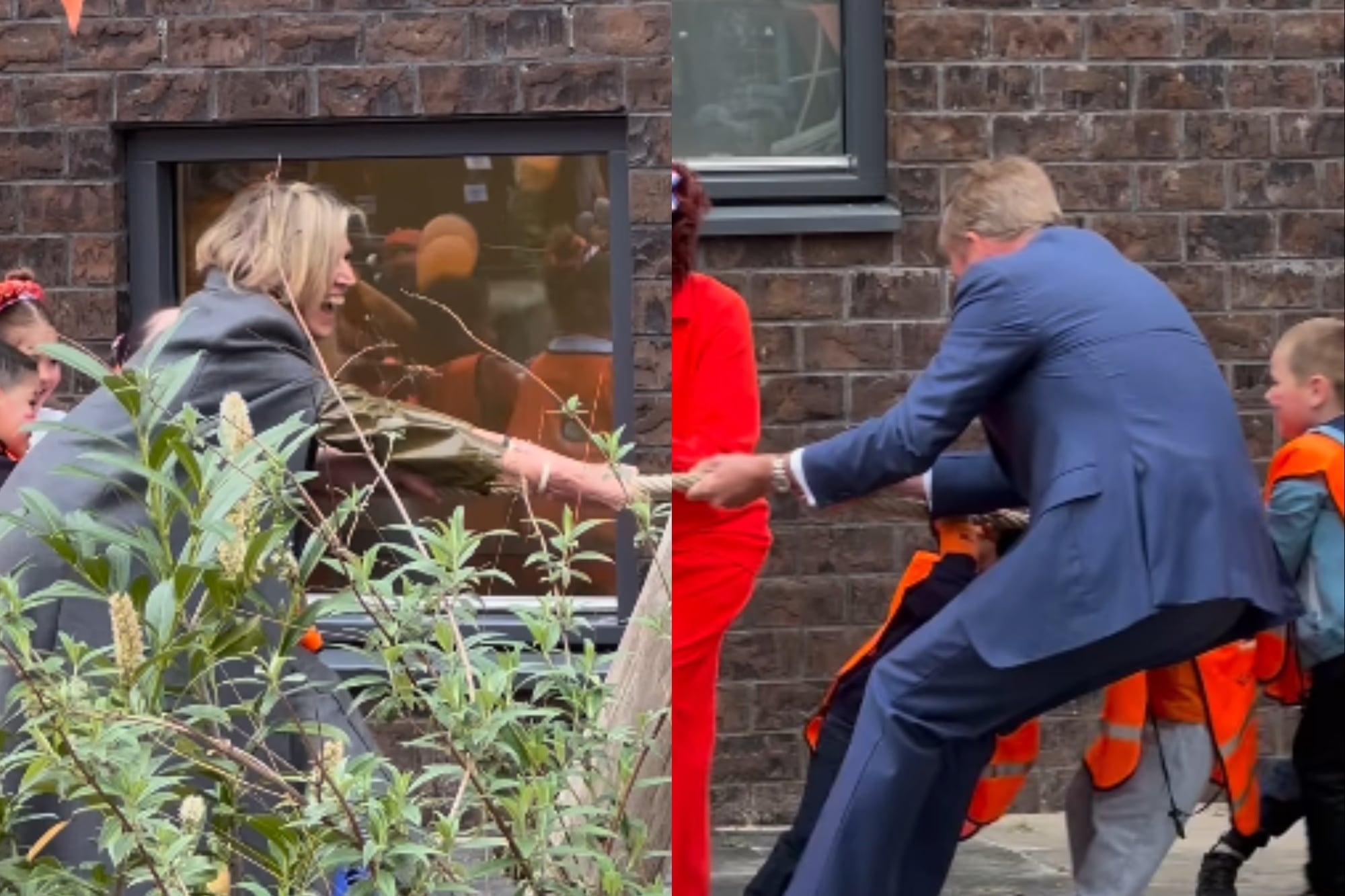 La reina y el rey jugaron al juego de la soga; el equipo del monarca se impuso en la competencia (Foto: Captura de video / Instagram @vorsten_nl)