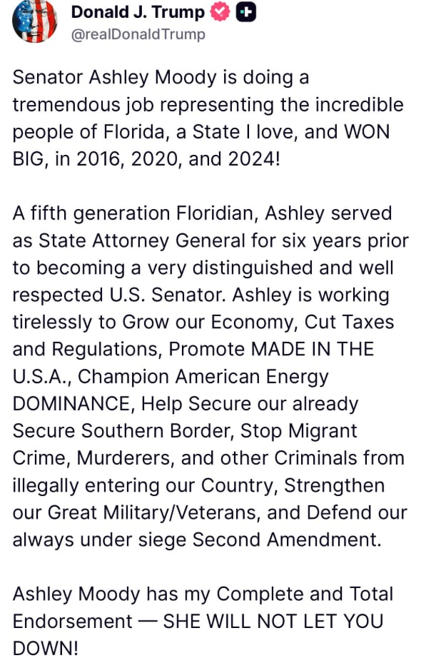 El presidente Donald Trump aseguró que Ashley Moody no va a defraudar a los floridanos