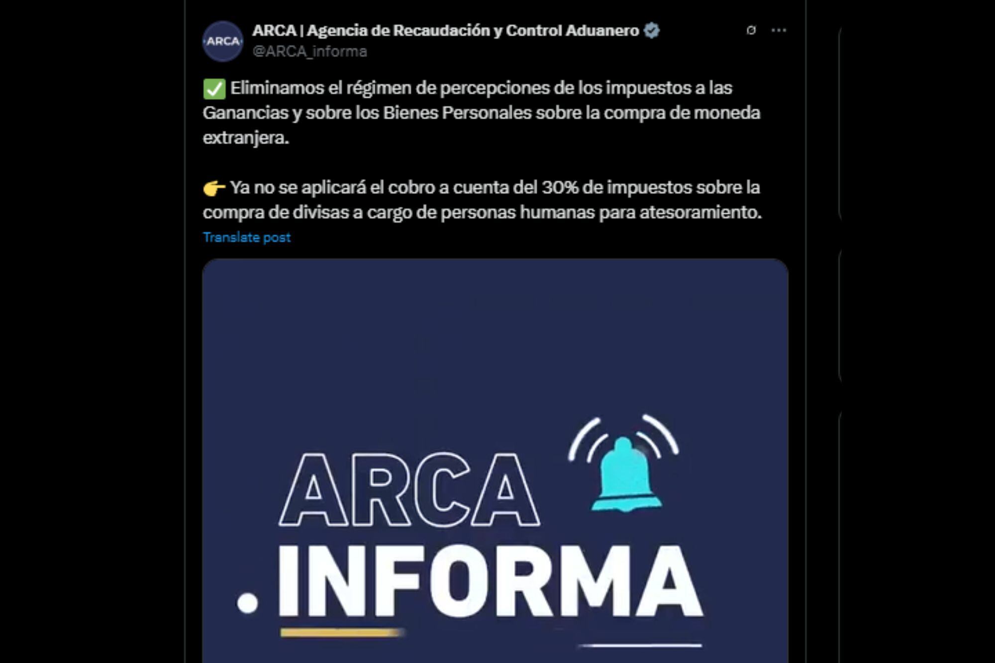 El posteo de ARCA por la eliminación de los impuestos sobre la compra de moneda extranjera