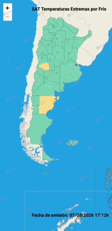 Hay alerta amarilla por frío extremo, vientos y Zonda para este sábado 8 de agosto: las provincias afectadas 7 El mapa de temperaturas extremas del SMN para este viernes