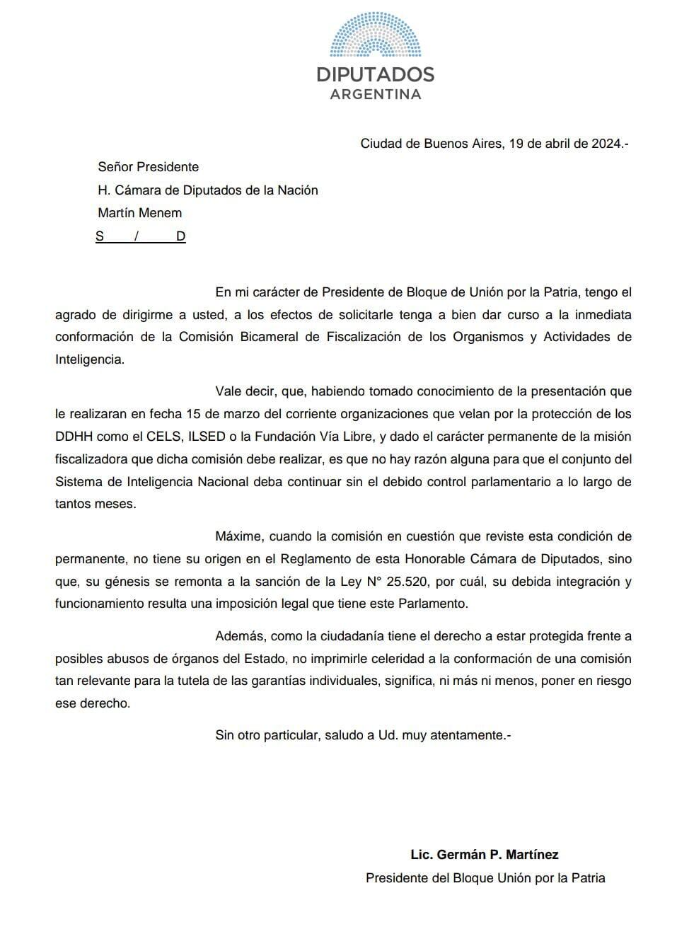 Nota remitida por Germán Martínez (UxP) al presidente de la Cámara baja Martín Menem