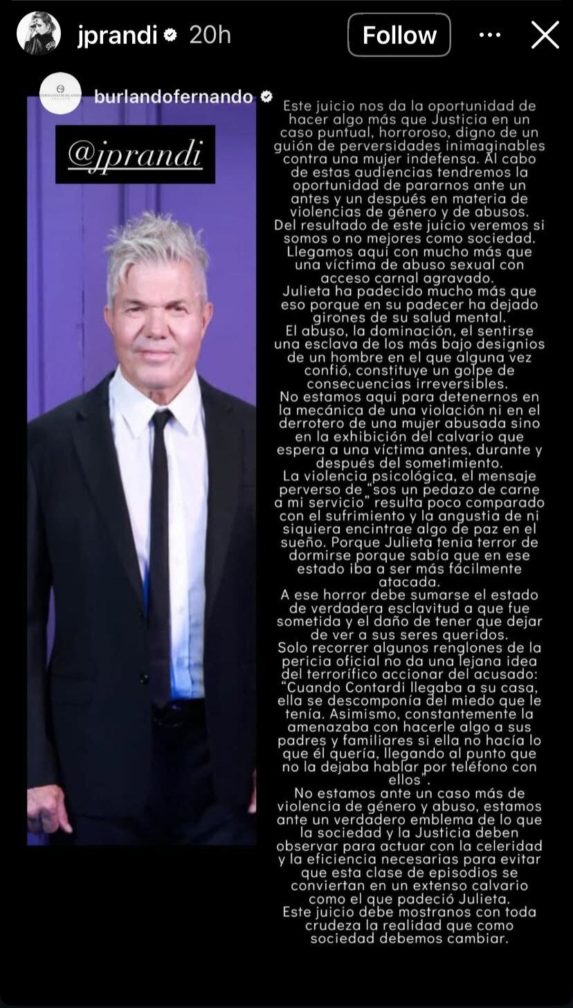 Historia que compartió Julieta Prandi en Instagram