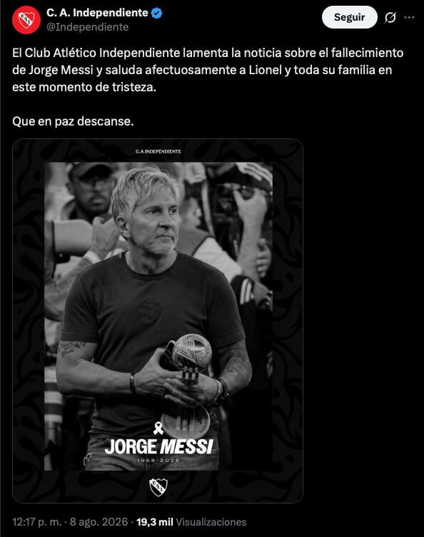 El comunicado de Independiente de Avellaneda en redes sociales tras conocerse la noticia
