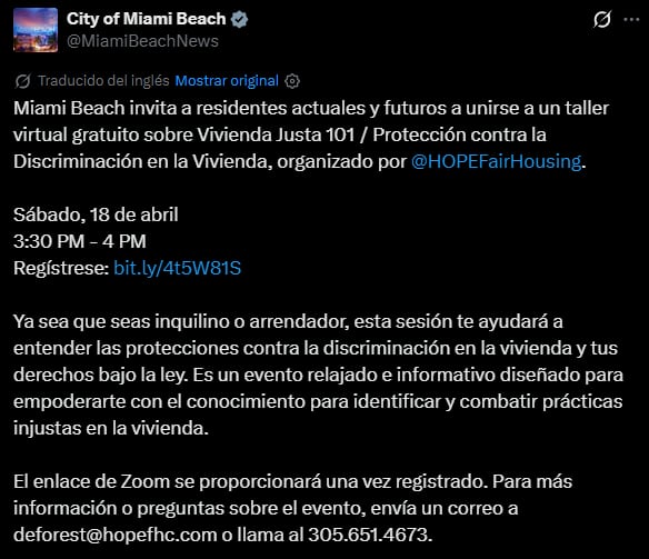 Miami Beach invita a un taller gratuito sobre los derechos de la vivienda para residentes