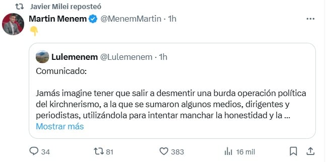 Javier Milei reposteó el tuit en el que Martín Menem citó la publicación de Lule Menem