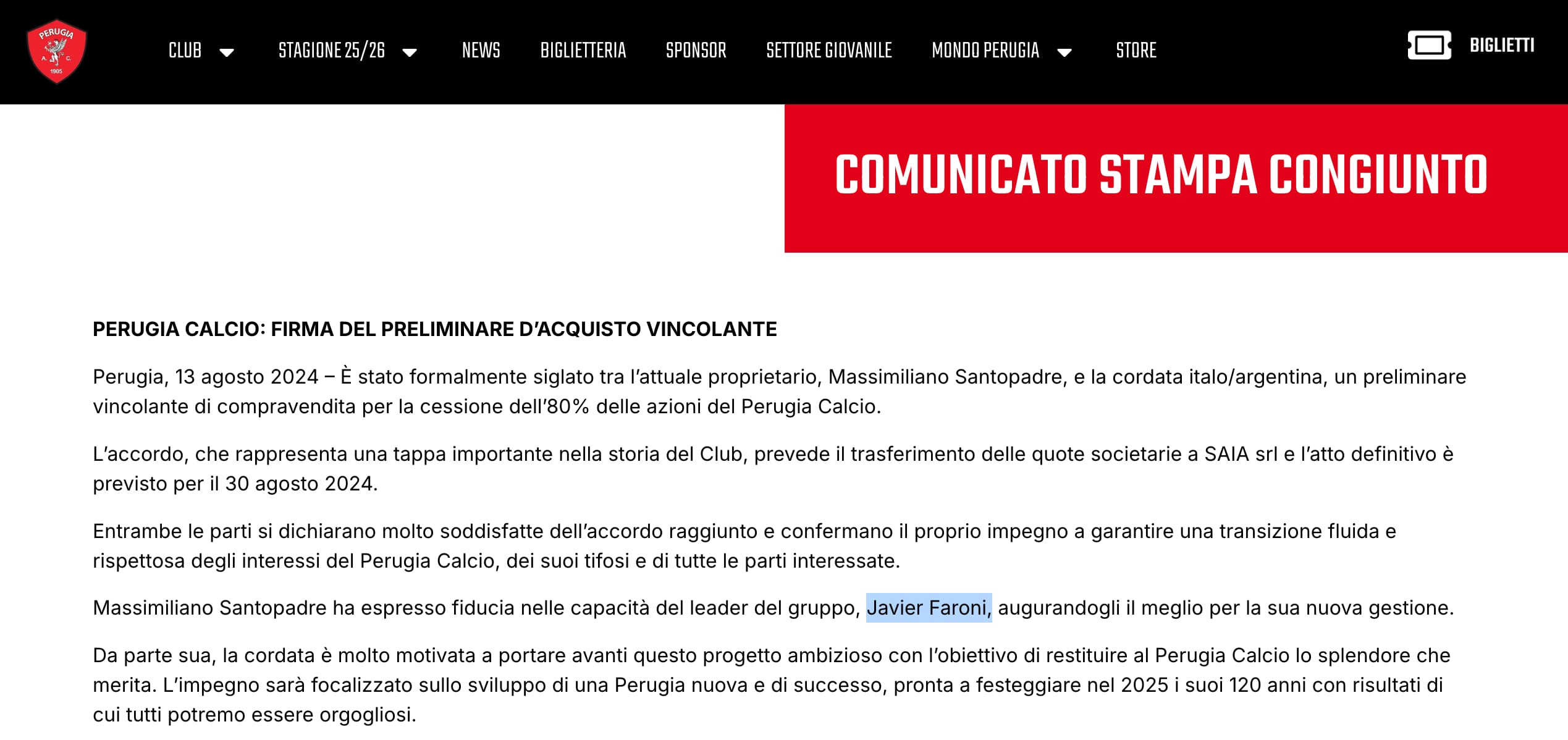En agosto de 2024, el club Perugia de Italia anunció la llegada del grupo SAIA y de Javier Faroni