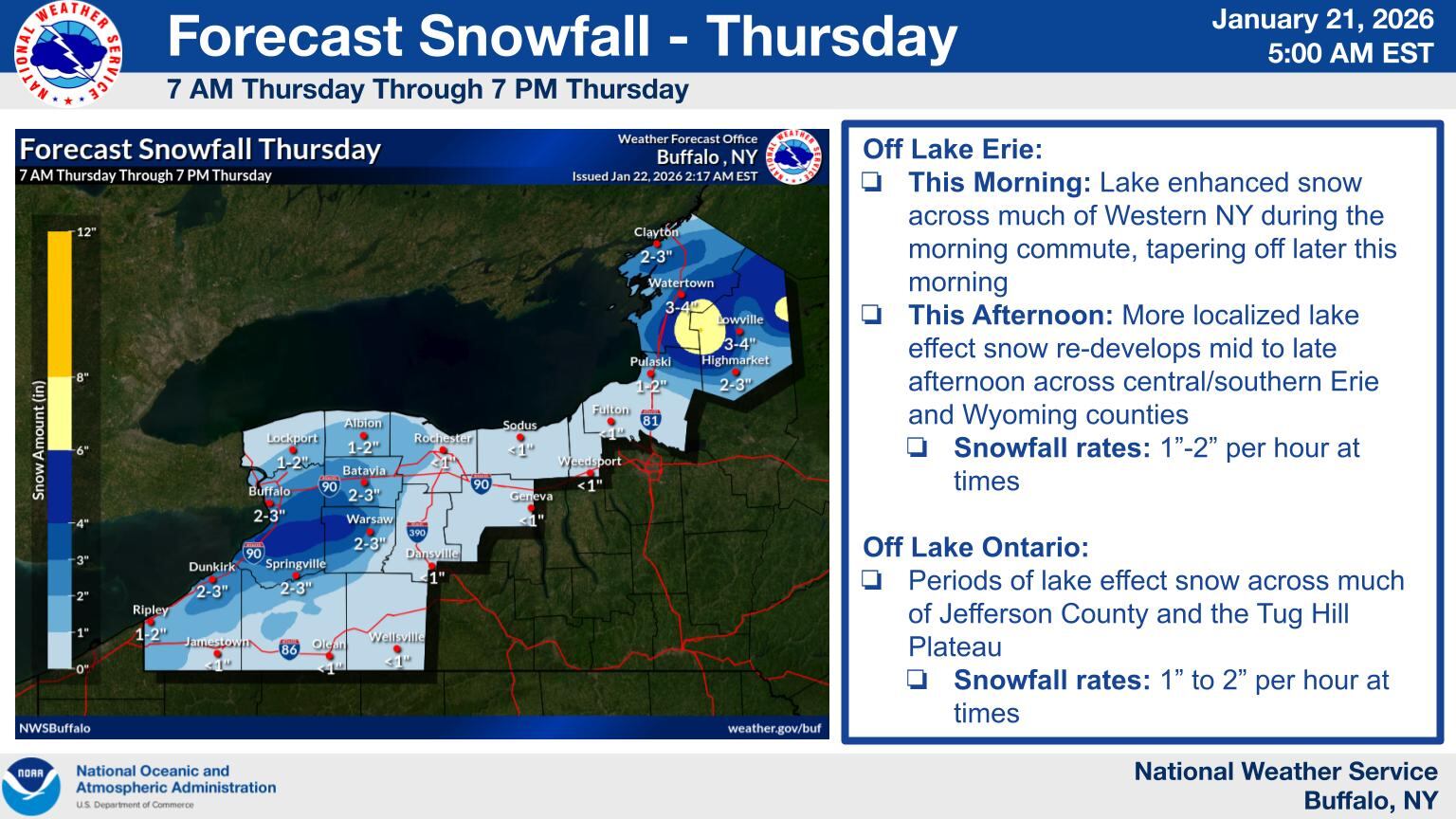 En el oeste de Nueva York, la nieve se espera desde este jueves en adelante, con altas tasas de acumulación