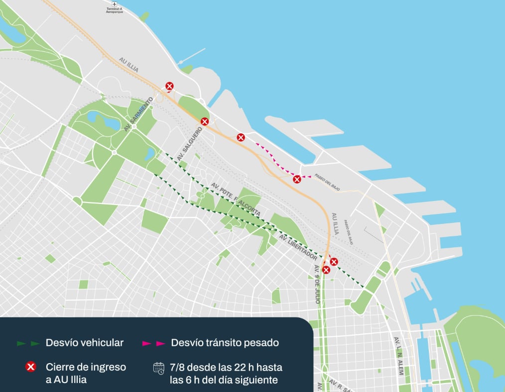 Este viernes 7 de agosto, desde las 22 y hasta las 6 del sábado, permanecerán cerradas la autopista Illia en sentido al norte y un tramo de la avenida Cantilo debido al avance de las obras del Paso Bajo Nivel y Anillo Peatonal Pampa (Foto: Gobierno de la Ciudad de Buenos Aires)