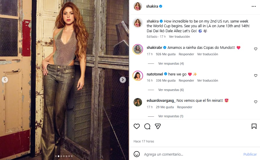 Tras su presentación en la inauguración del Mundial, Shakira comenzará con su gira en los Estados Unidos (Foto: Instagram @shakira)