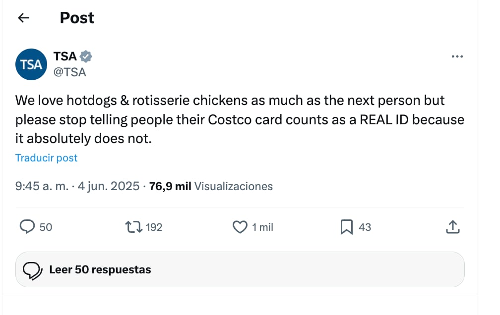 La TSA aclara los rumores sobre el uso de la tarjeta de Costco. Foto: X