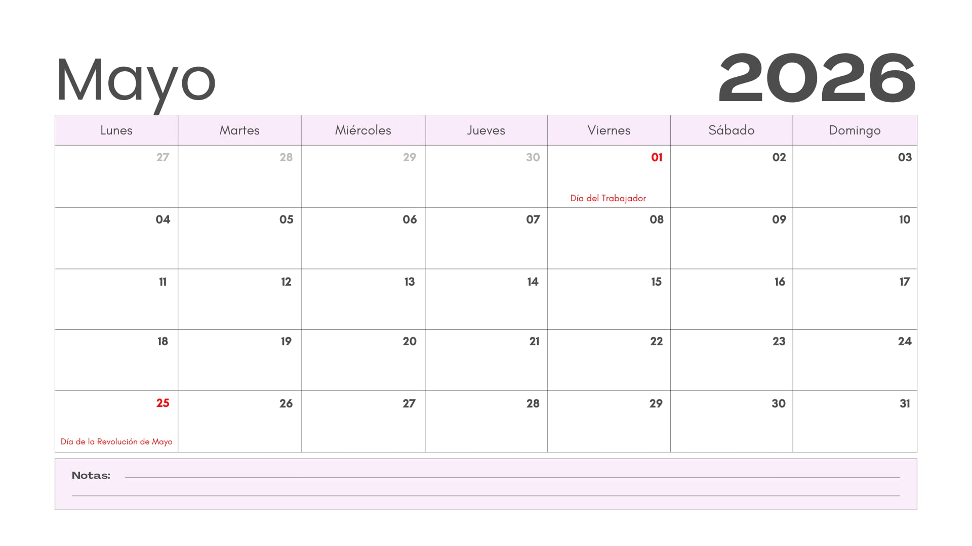 Calendario de mayo 2026