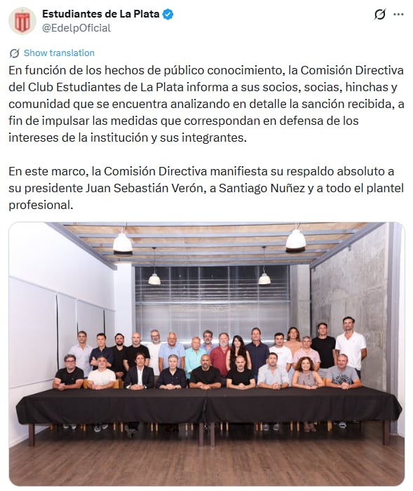 La institución platense difundió un mensaje oficial tras el fallo del Tribunal de Disciplina (X: @EdelpOficial)