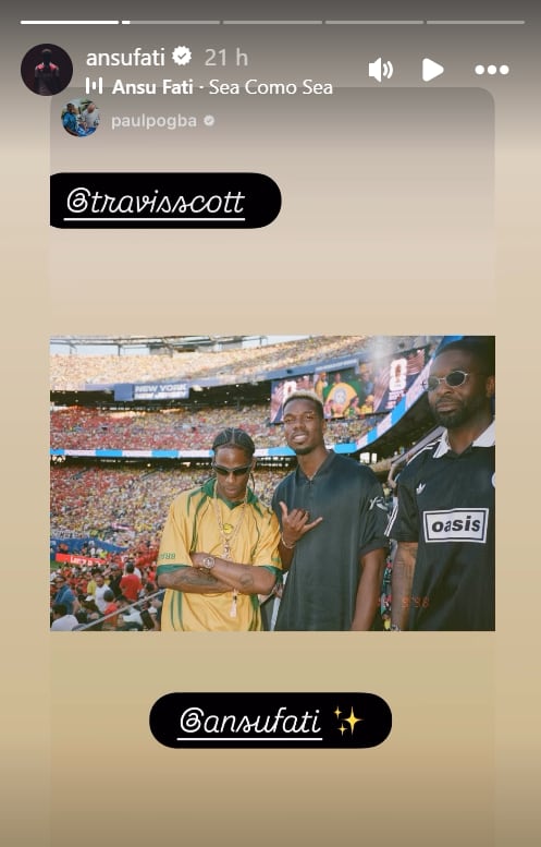 Pogba compartió el tema de Ansu en sus redes sociales junto a Travis Scott