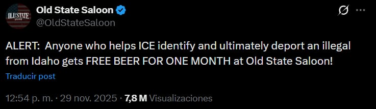 Bar de Idaho regala cervezas por un mes a quien ayude al ICE a deportar inmigrantes (X @OldStateSaloon)