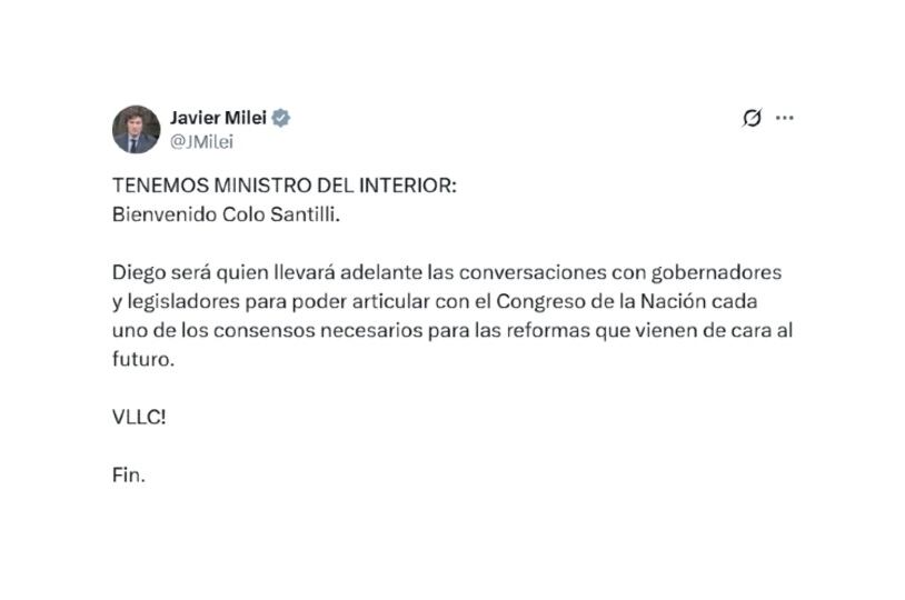 El presidente Javier Milei confirmó la designación de Diego Santilli como nuevo ministro del Interior con un posteo en X