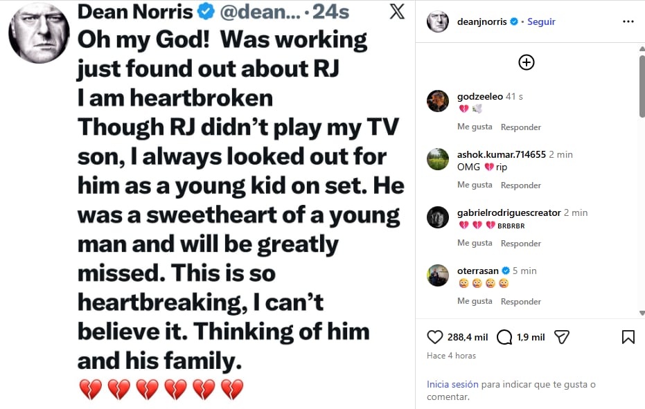 La emotiva despedida de Bryan Cranston a RJ Mitte, su hijo en la serie Breaking Bad: “Te extrañaré” 8 El posteo que compartió Dean Norris