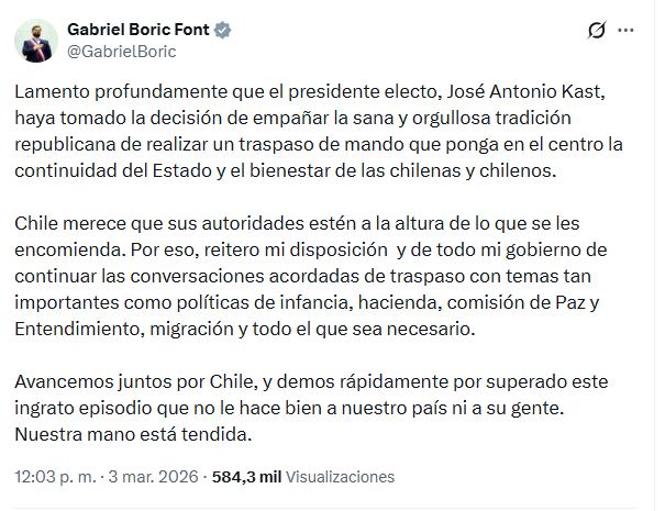 El posteo de Gabriel Boric en su cuenta de X