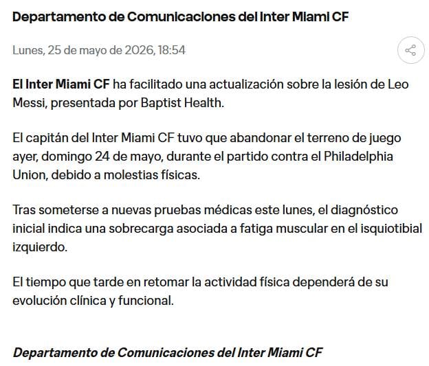 El parte médico de Messi: qué tipo de lesión tiene y cuánto tiempo de recuperación necesita