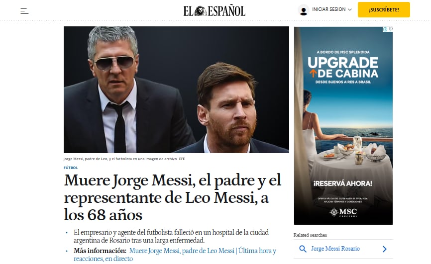 Así informó El Español la muerte de Leo Messi (Foto: Captura)