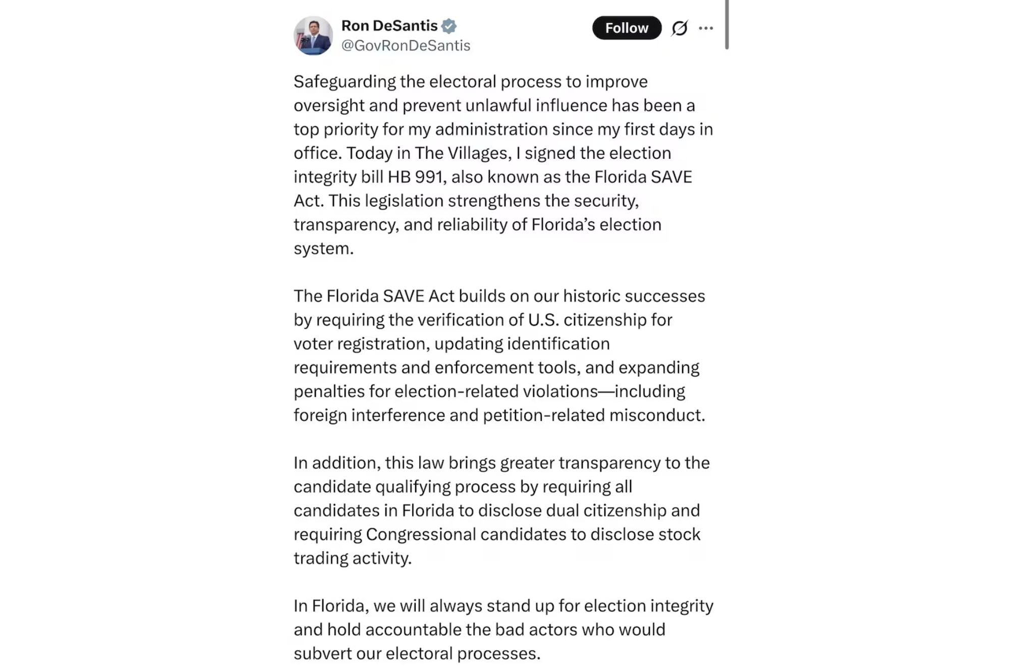 Ron DeSantis firmó el HB 991 el pasado 9 de abril de 2025