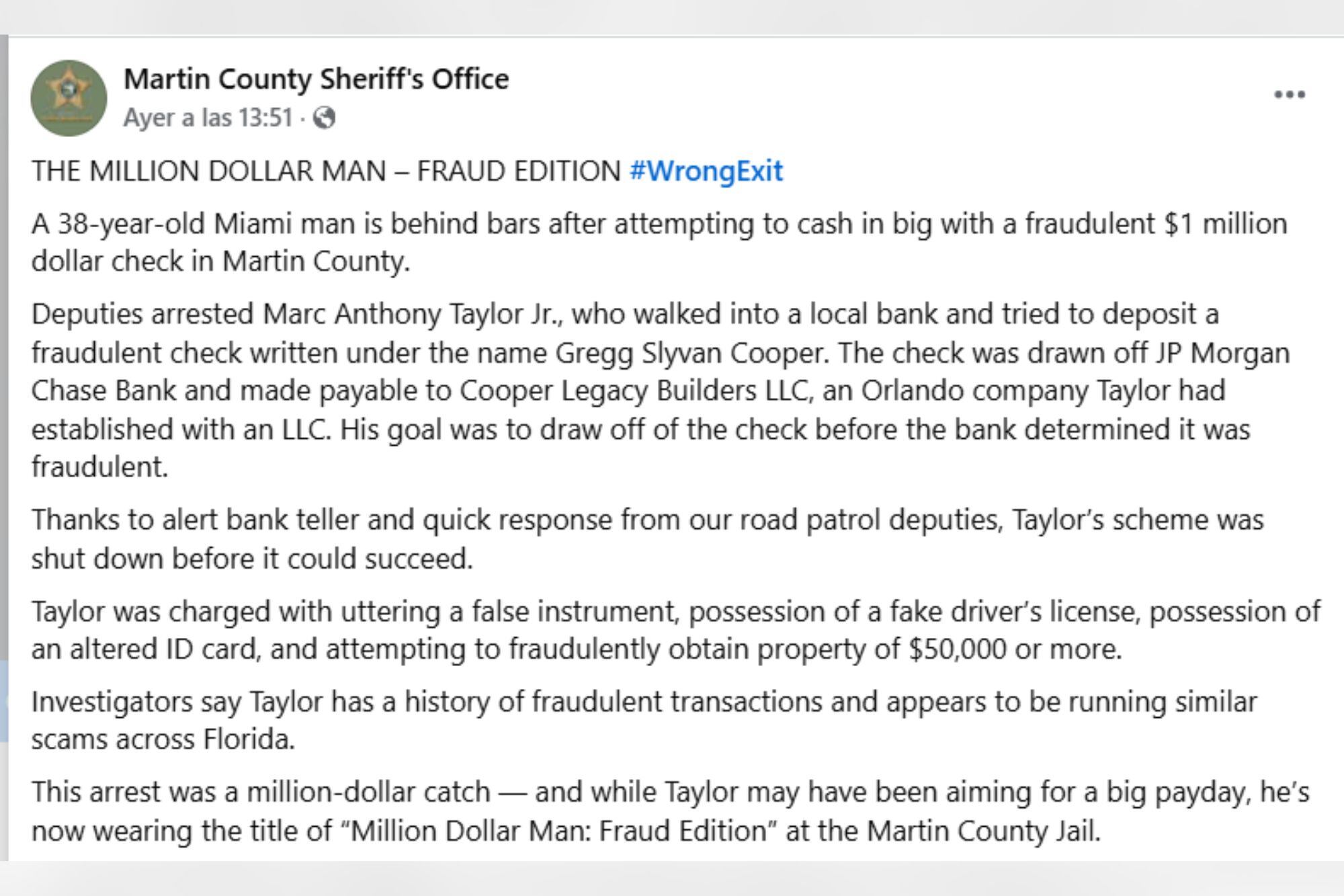 El comunicado de las autoridades del condado sobre las operaciones fraudulentas del individuo