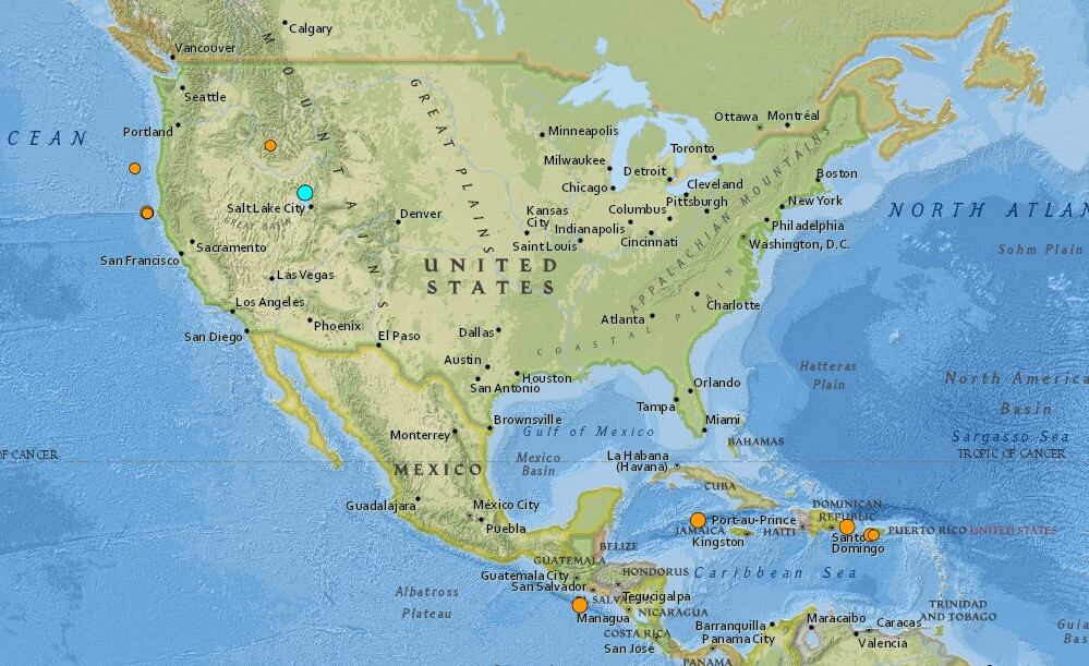 Mapa de los sismos ocurridos en Estados Unidos y el Caribe en las últimas 24 horas