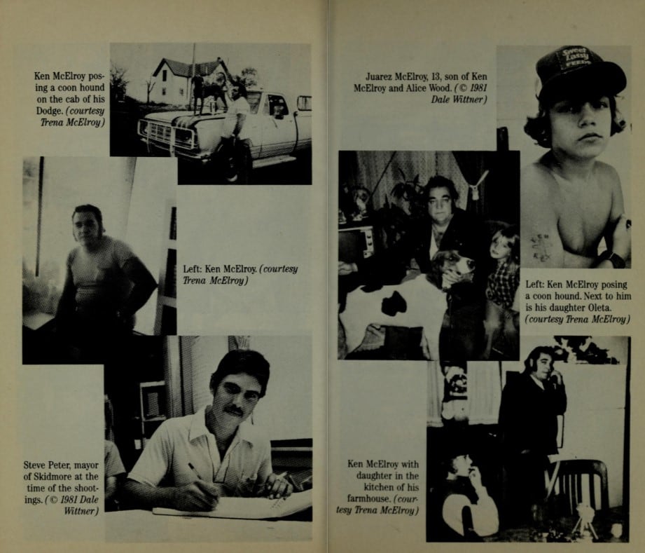 Fotos de Ken McElroy, de su hermano y del alcalde de Skidmore al momento del asesinato, en el libro de MacLean
