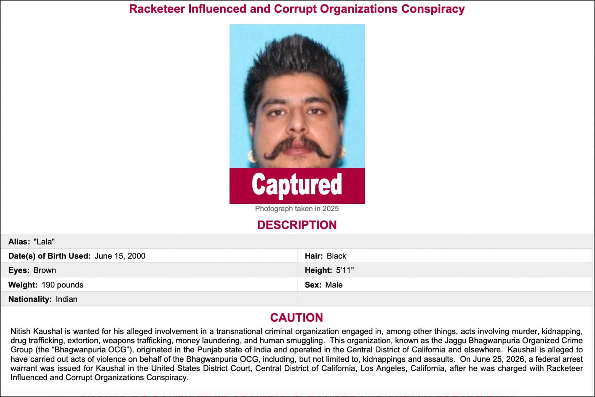 Un vecino alertó sobre un intruso: se trataba de uno de los fugitivos más buscados por el FBI 5 Nitish Kaushal estaba en la lista de los más buscados del FBI por diversos delitos y su presunta participación en una organización criminal