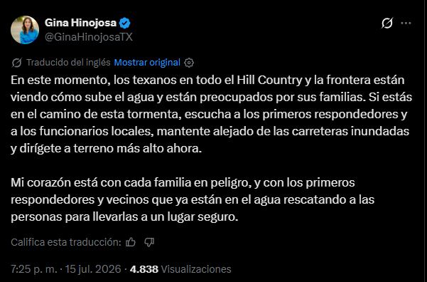 Gina Hinojosa expresó su preocupación por las inundaciones en Texas