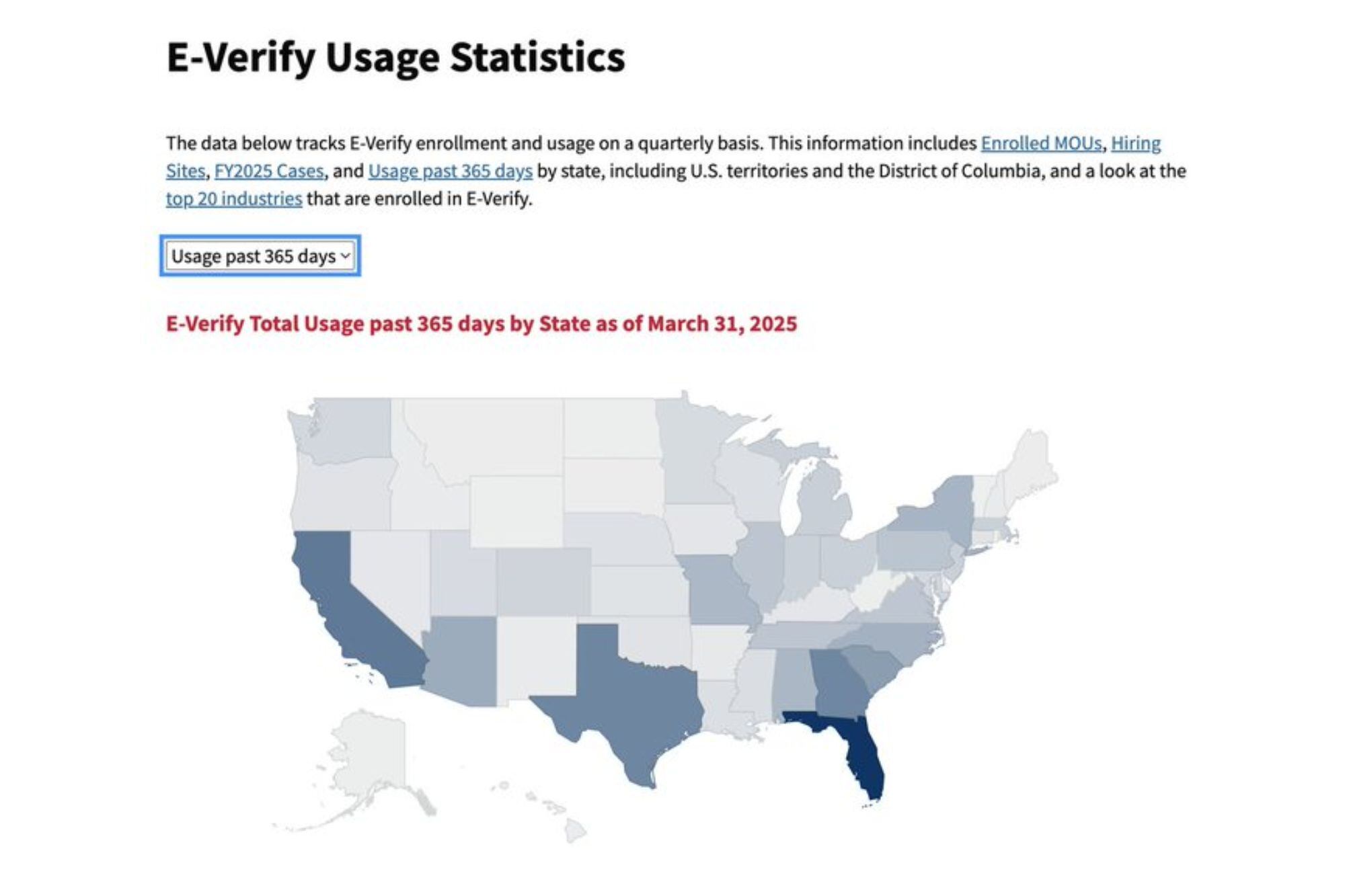 Estadísticas de E-verify, publicadas en el sitio web del sistema