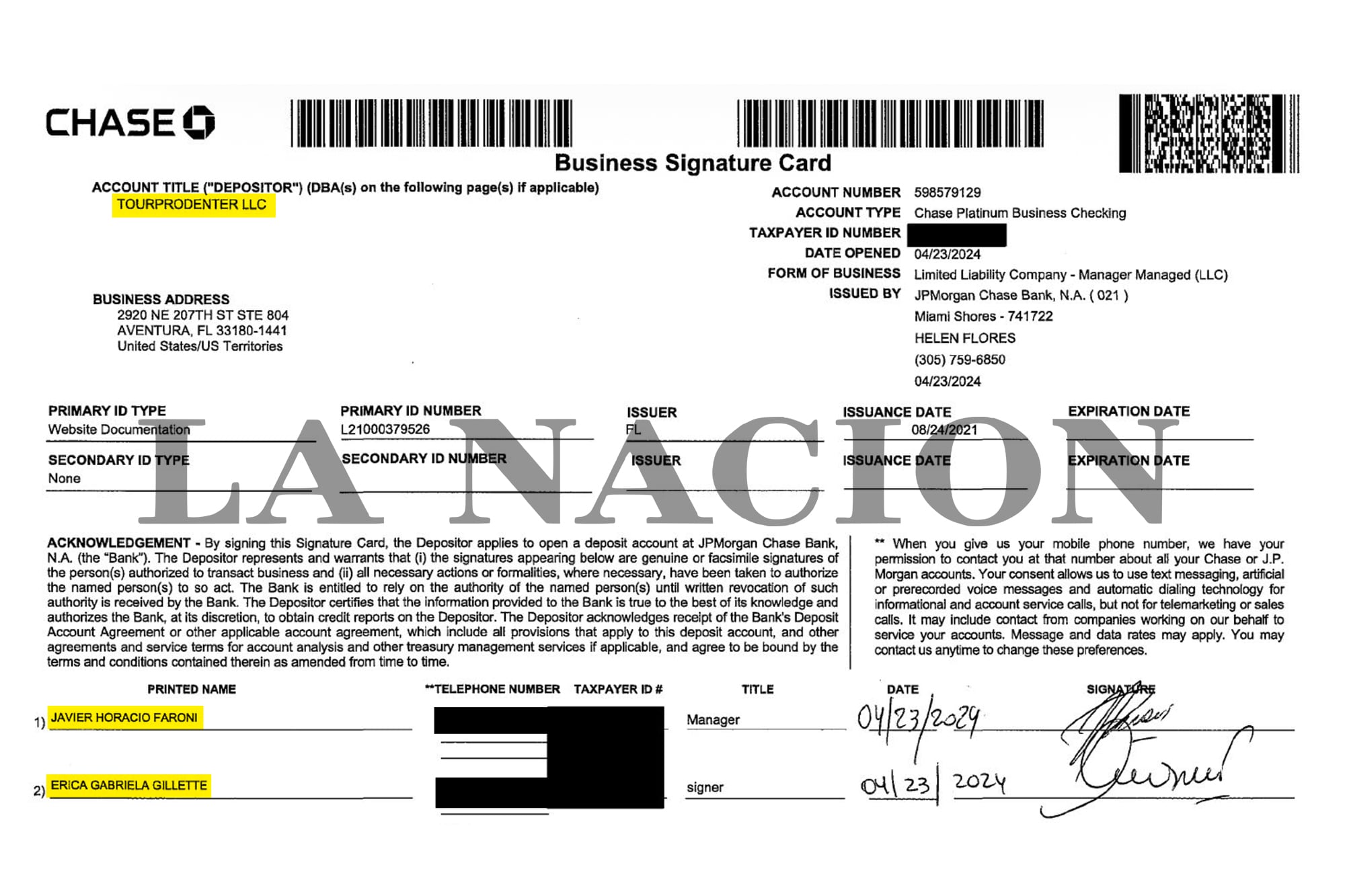 Javier Faroni y Erica Gillette aparecen como firmantes en una cuenta de TourProdEnter en JP Morgan Chase Bank