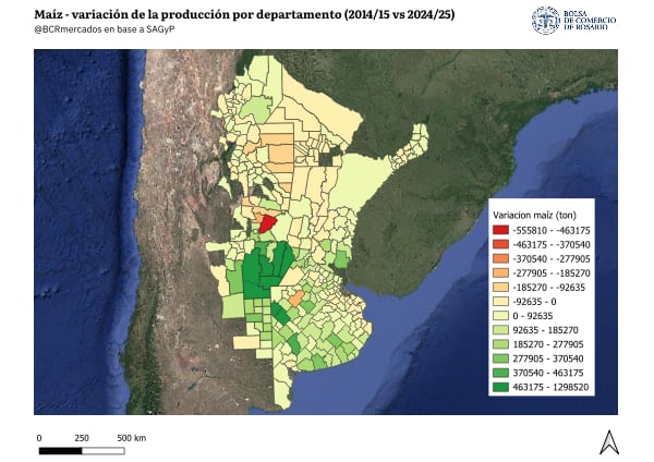 Variación de la producción de maíz por departamento
