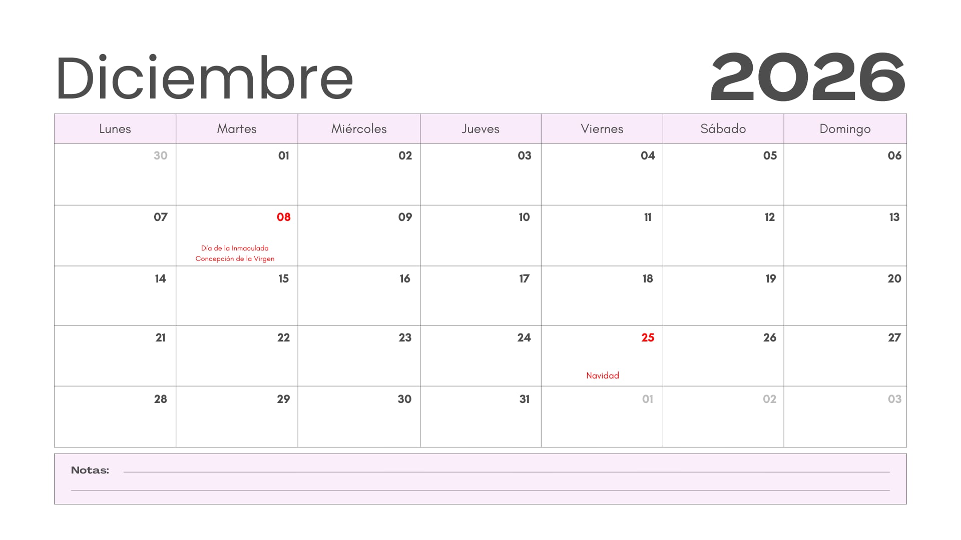 Calendario de diciembre 2026