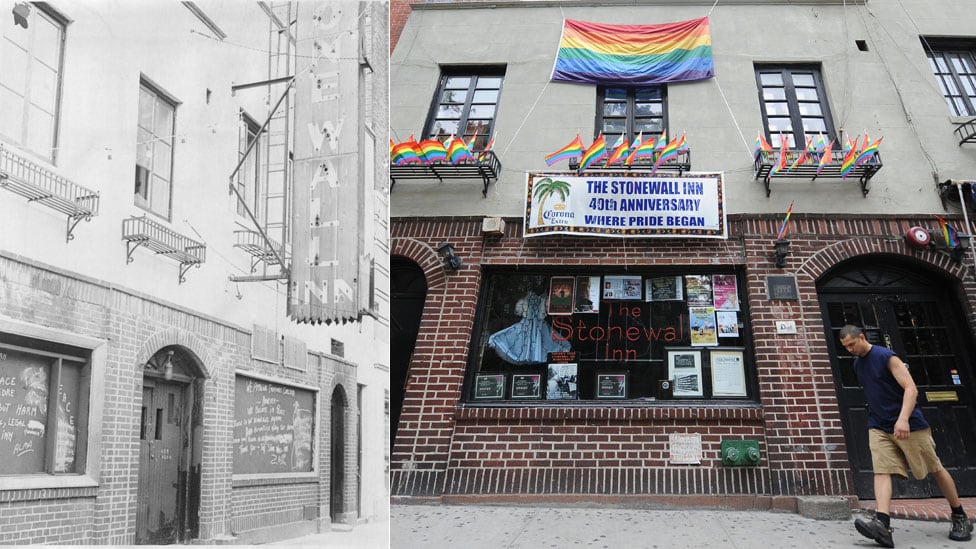 El Stonewall Inn una semana después del levantamiento y en 2009.
