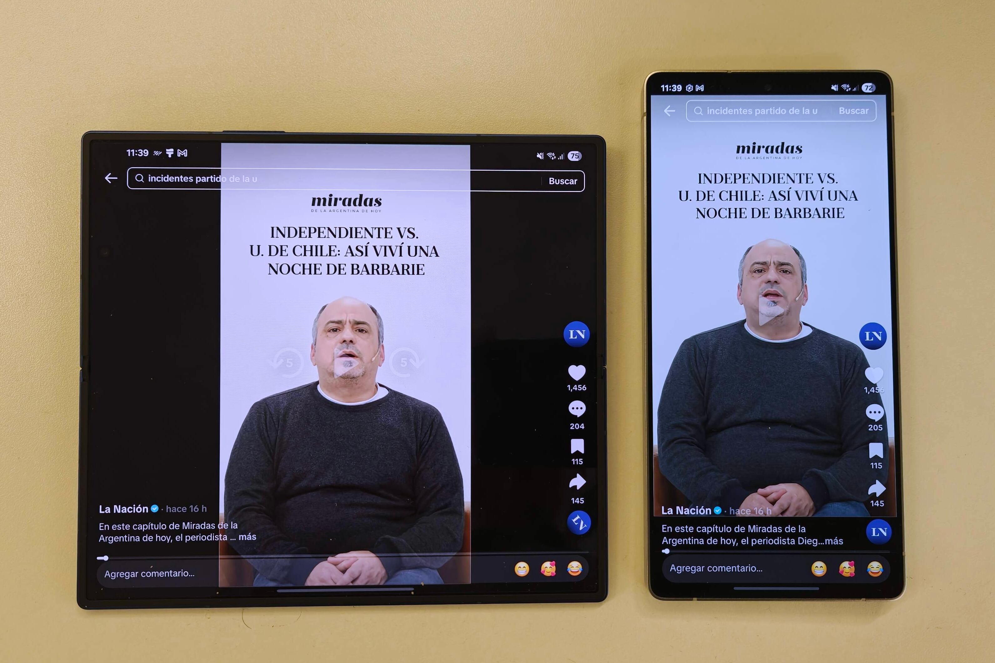 Una comparativa de cómo se ve un video de TikTok en la pantalla interna del Galaxy Z Fold7 (izquierda) y un Galaxy S25 Ultra (derecha)