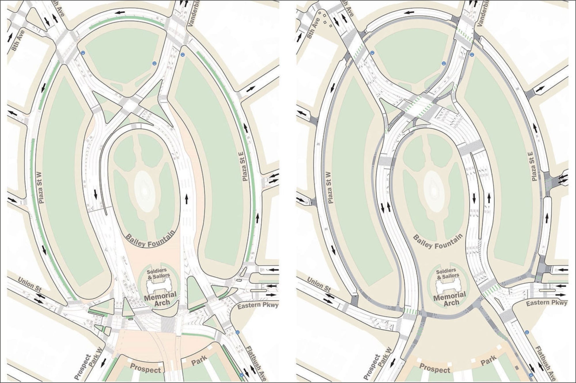 El diseño actual de Grand Army Plaza (izquierda) y la propuesta del DOT (derecha)