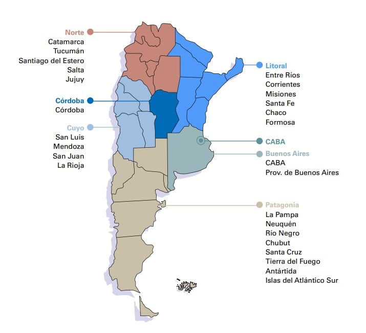 El mercado turístico argentino se divide en las siguientes siete regiones, cada una de las cuales incluye un determinado número de provincias