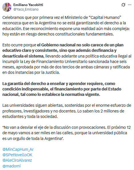Emiliano Yacobitti señaló que los problemas que atraviesan las universidades se deben al incumplimiento por parte del Gobierno de la Ley de Financiamiento Universitario