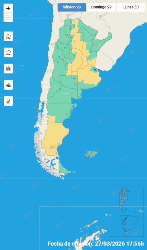 Mapa de alertas para este sábado 28 de marzo