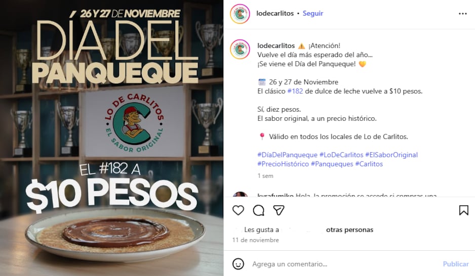 Anuncio de la promoción de Lo de Carlitos por el Día del Panqueque