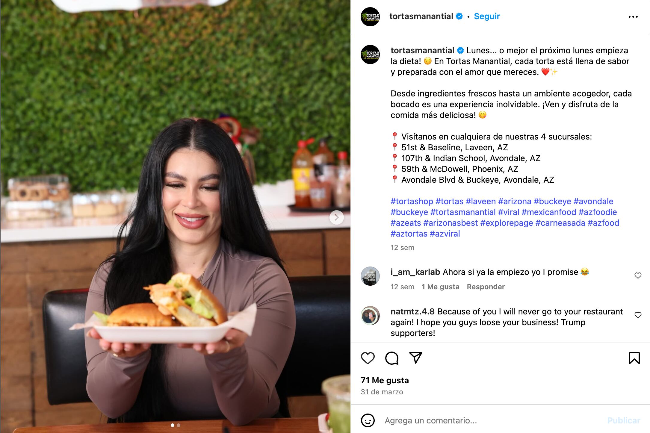 Las publicaciones del lugar se llenaron de comentarios negativos. IG: Tortas Manantial