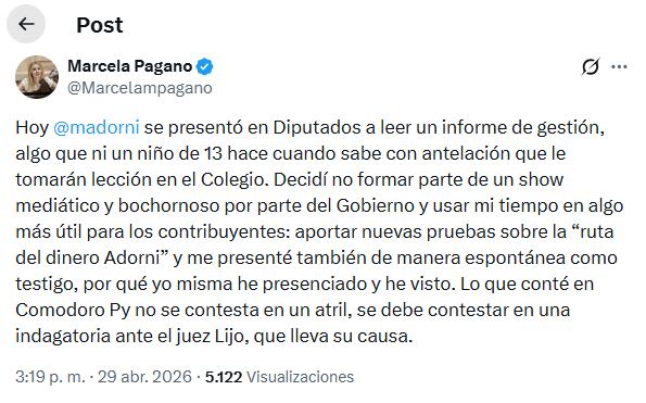 El posteo de Pagano en X