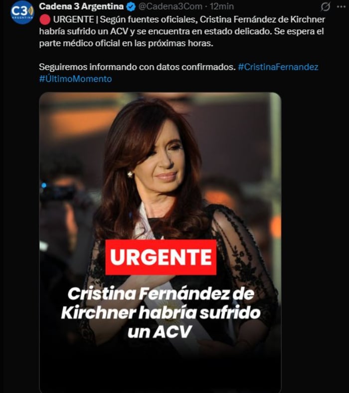 La fake sobre la salud de Cristina Kirchner que fue difundida en la cuenta de X de Cadena3