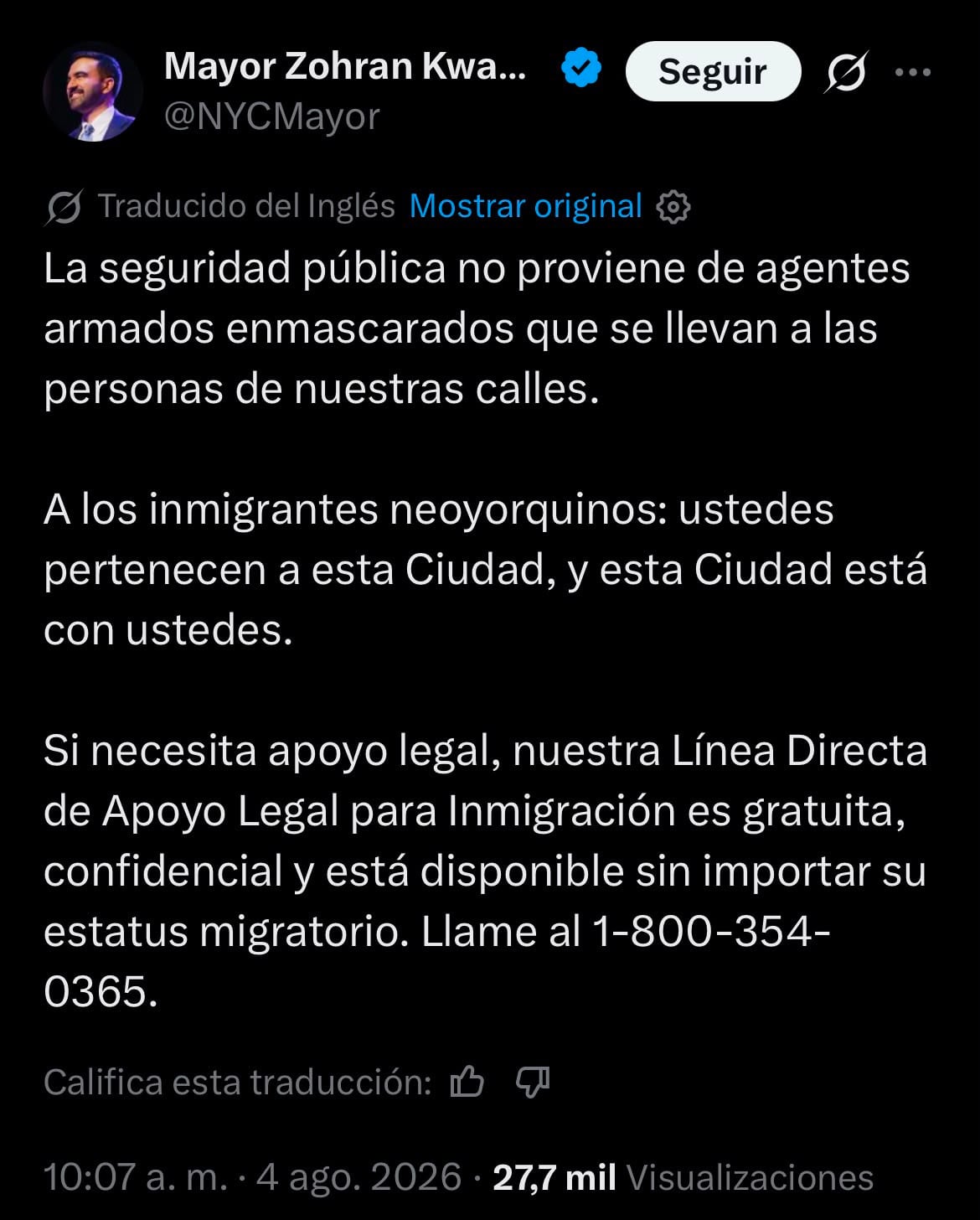 El mensaje del alcalde de Nueva York llega después de que un juez federal bloqueara parcialmente la ley estatal que buscaba prohibir que agentes del ICE actuaran con el rostro cubierto