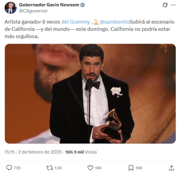 Gavin Newsom mostró semanas antes su apoyo a Bad Bunny tras ganar tres Grammys, entre ello a Mejor Álbum del Año