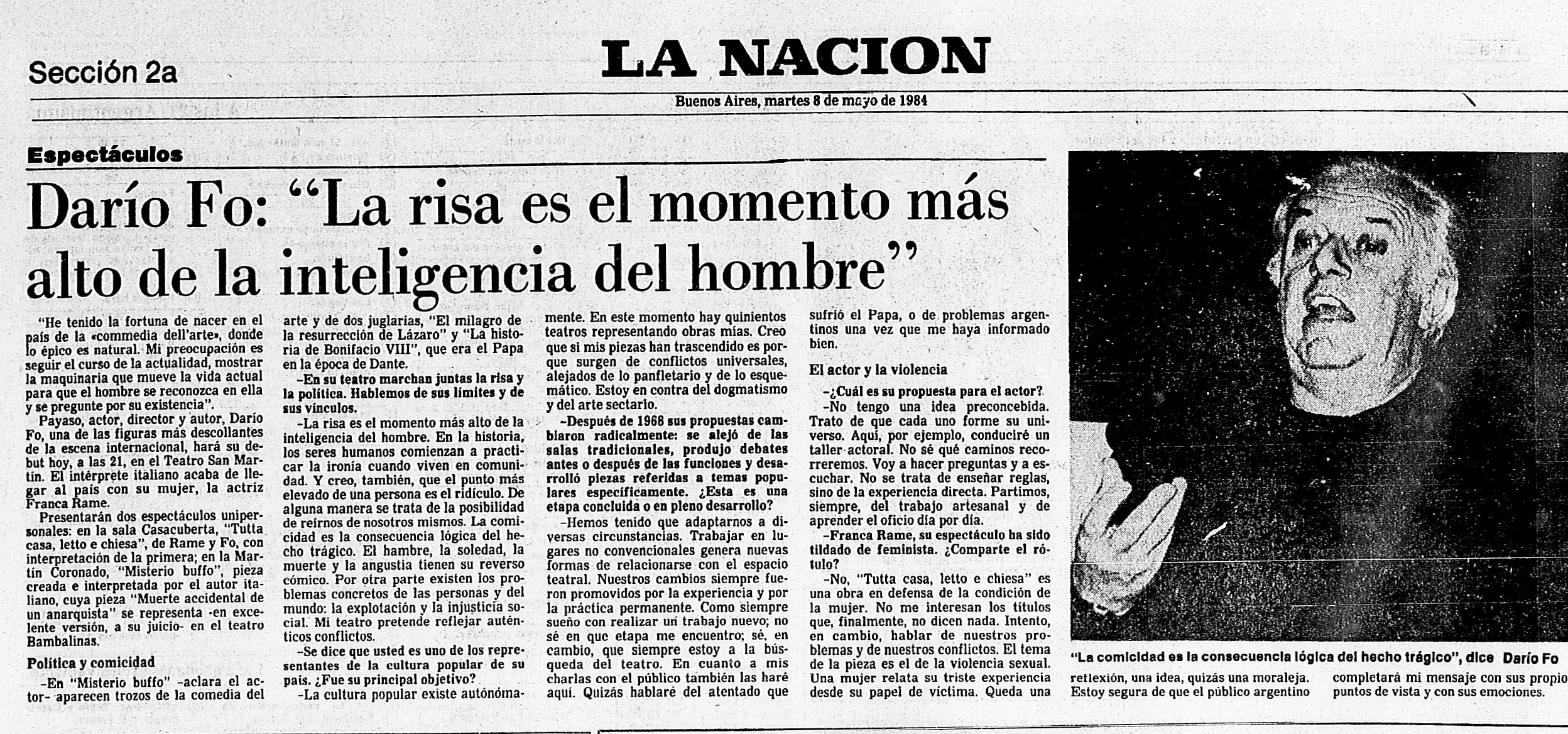 Parte de la nota de anticipo de LA NACION de cuando el actor llegó a Buenos Aires en mayo de 1984